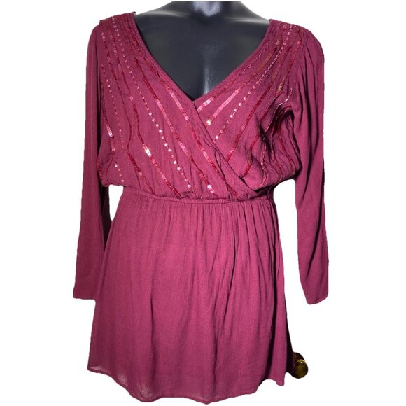 Chelsea & Violet Dresses & Skirts - Chelsea & Violet Burgundy Sz Medium Crinkled Dress Beaded Sequin Vneck Holiday